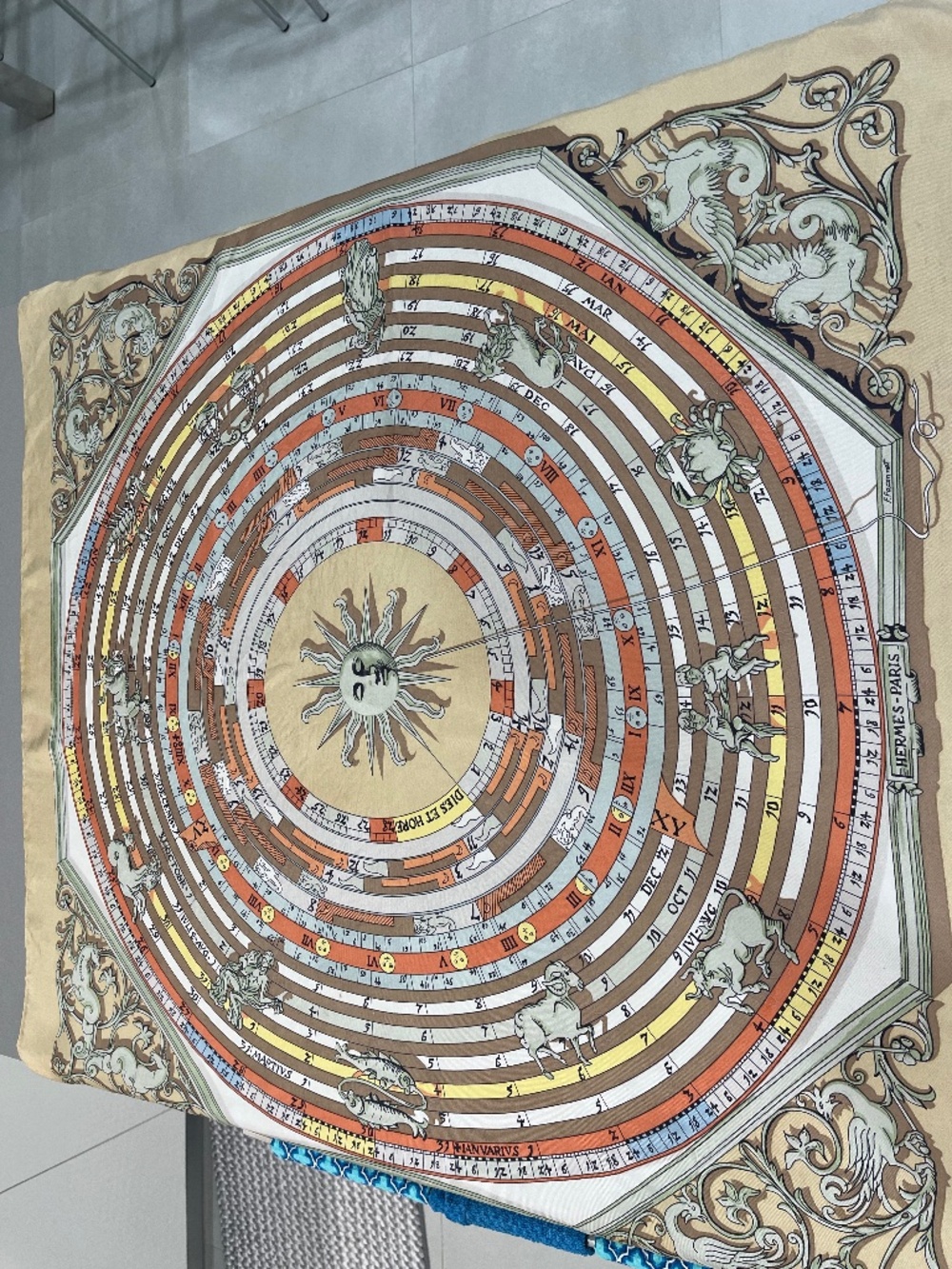 Hermes Gold Scarf wth Calendar.  F.Facon met